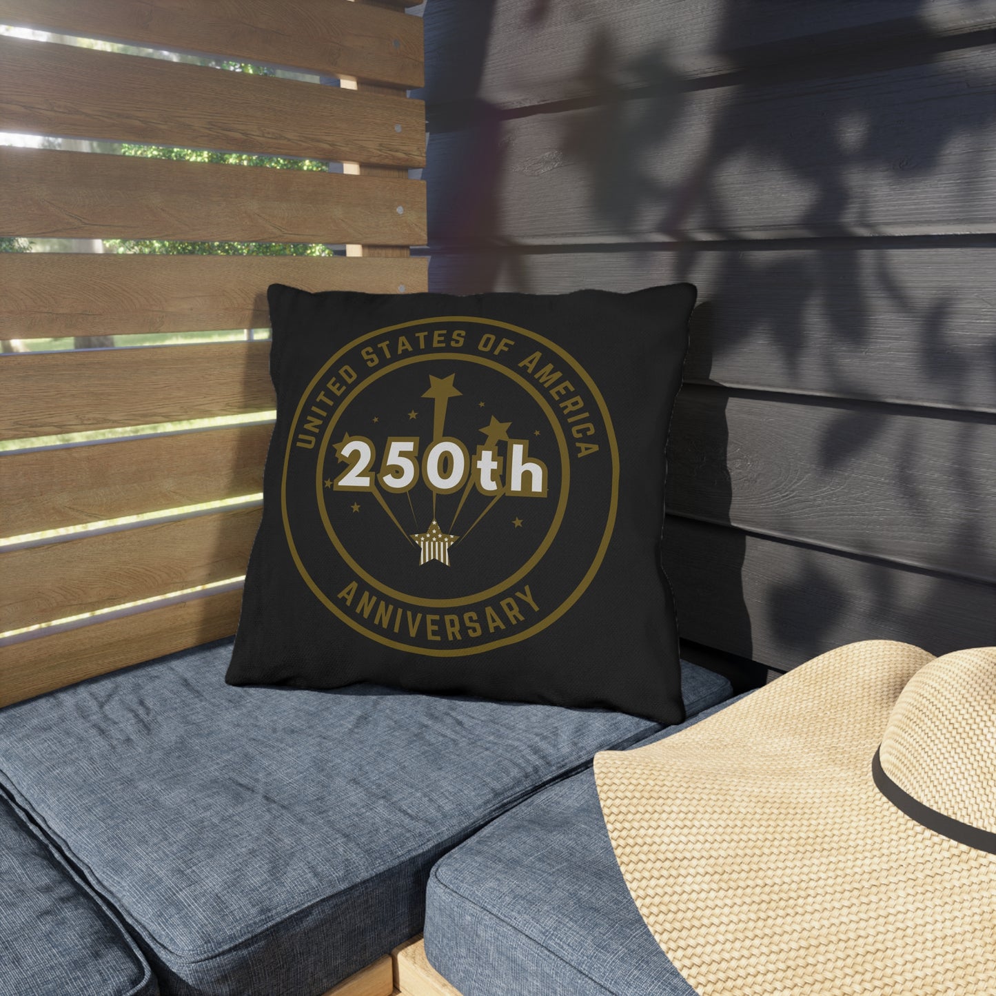 USA 250th Anniversary 16 x 16 Black outdoor pillow - Gold logo